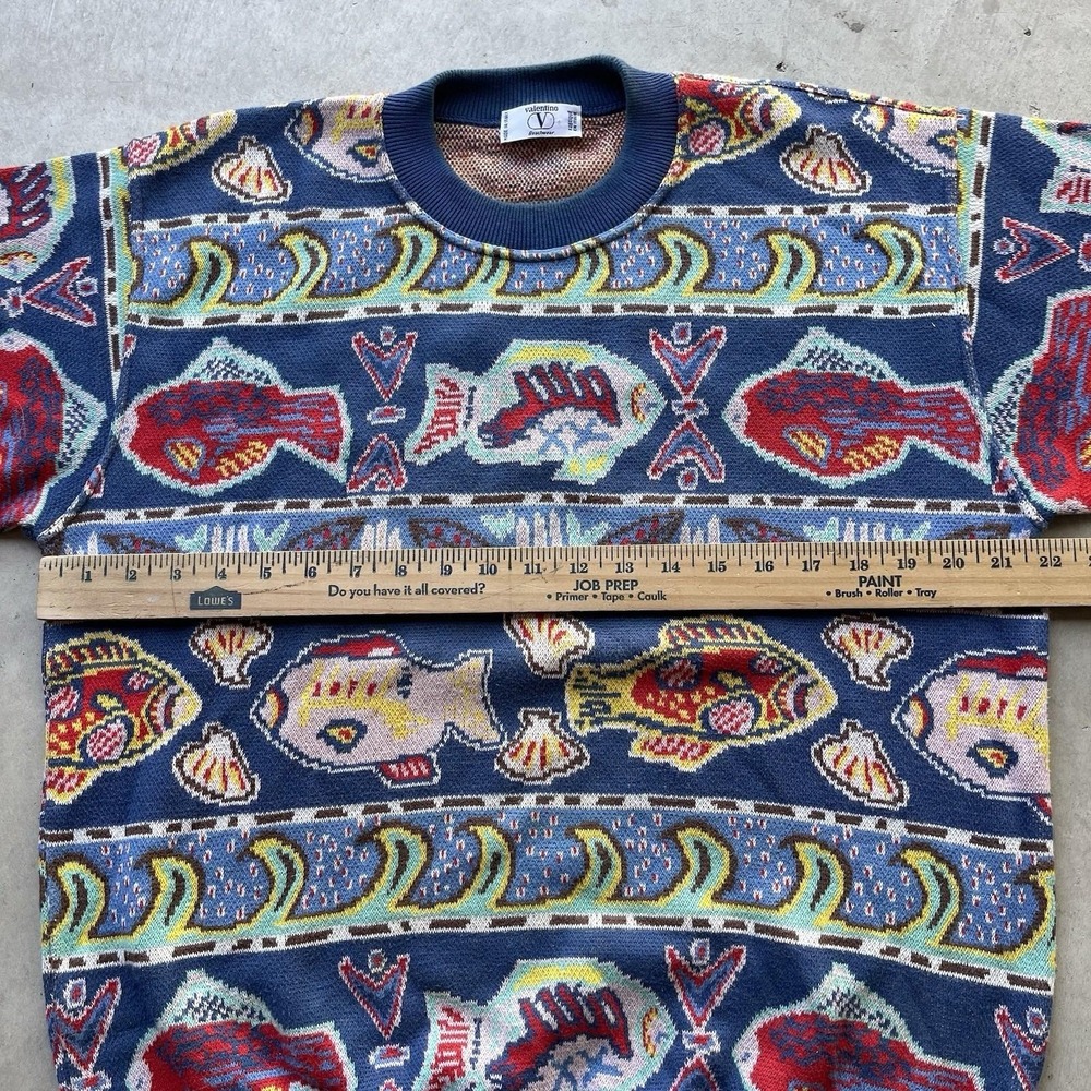 Vintage Valentino Beachwear Sweater Fish All Over Print 90s Knit Italy L XL - Picture 4 of 7